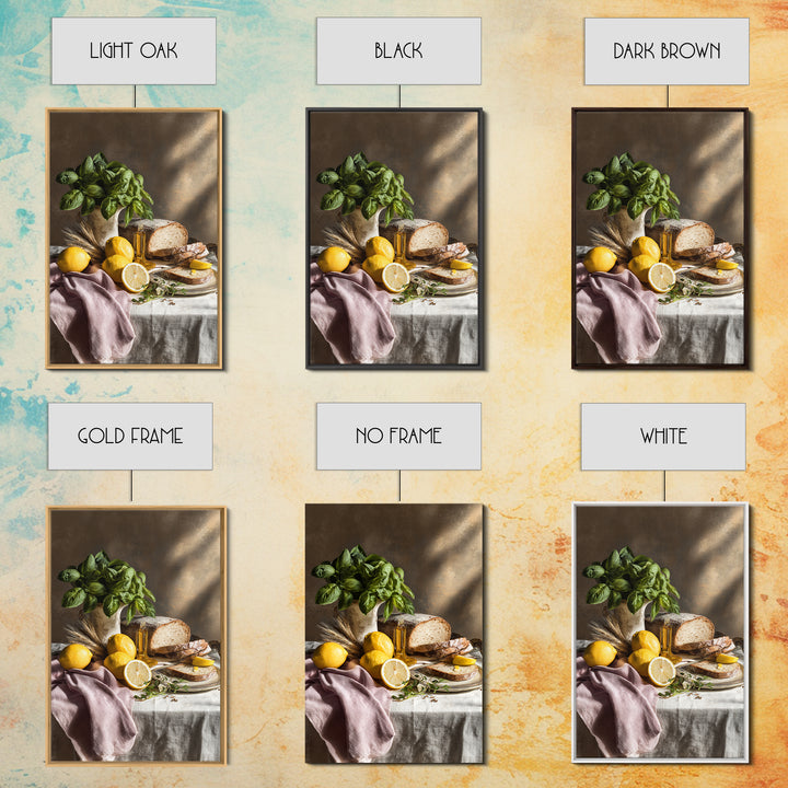 Pasta Lemons and Basil Mediterranean Still Life Framed Canvas Print, Kitchen Art, Kitchen Decor, Kitchen, Trendy Wall Art, KIT-2x3-73