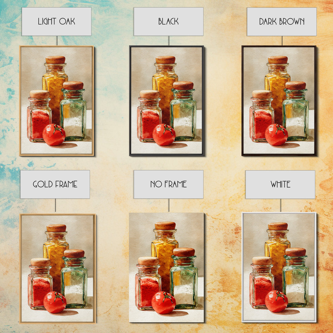 Watercolor Spice Jars Without Readable Labels Framed Canvas Print, Kitchen Art, Art Deco, Kitchen Decor, Fine Art, Kitchen, KIT-2x3-93