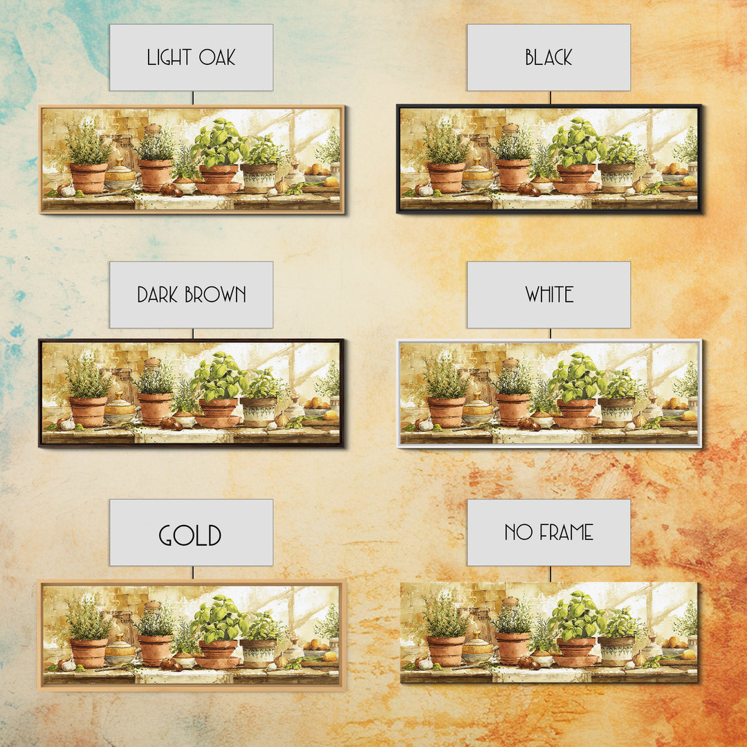 Fresh Herbs in Terracotta Pots Framed Canvas Print, Kitchen Art, Kitchen Art Print, Kitchen Decor, Oil Painting, Kitchen, KIT-3x1-89