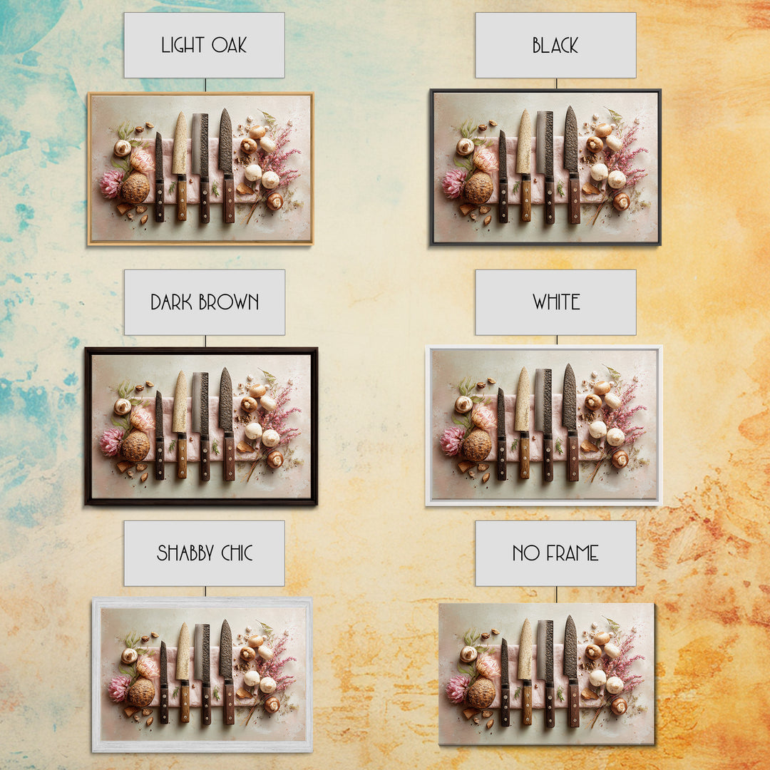 Chef Knives and Herbs Arranged as Graphic Framed Canvas Print, Kitchen Art, Art Prints, Kitchen Decor, Fine Art, Kitchen, KIT-3x2-14