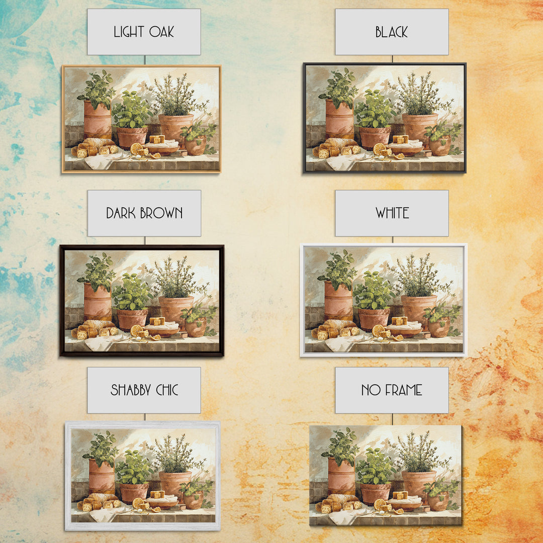 Fresh Herbs in Terracotta Pots Framed Canvas Print, Kitchen Art, Modern Art, Kitchen Decor, Fine Art, Kitchen, Neutral Decor, KIT-3x2-5