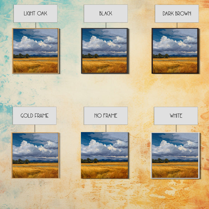 Golden Wheat Field Beneath Huge Clouds Framed Canvas Print, Landscape Art, Decor, Living Room Decor, Oil Painting, Horizon, LAN-1x1-48