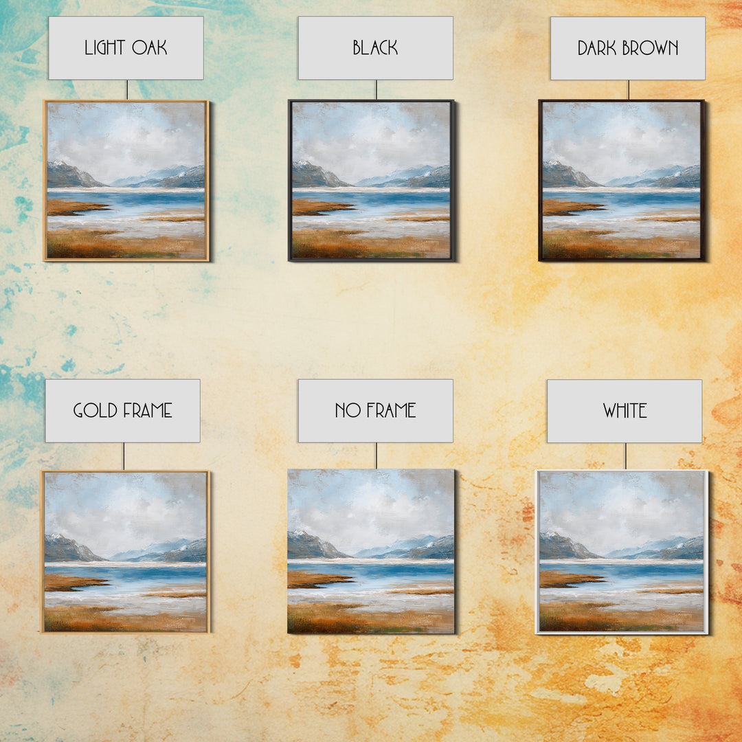 Fjord Landscape with Icy Blue Water Framed Canvas Print, Landscape Art, Neutral Decor, Living Room Decor, Oil Painting, Horizon, LAN-1x1-63