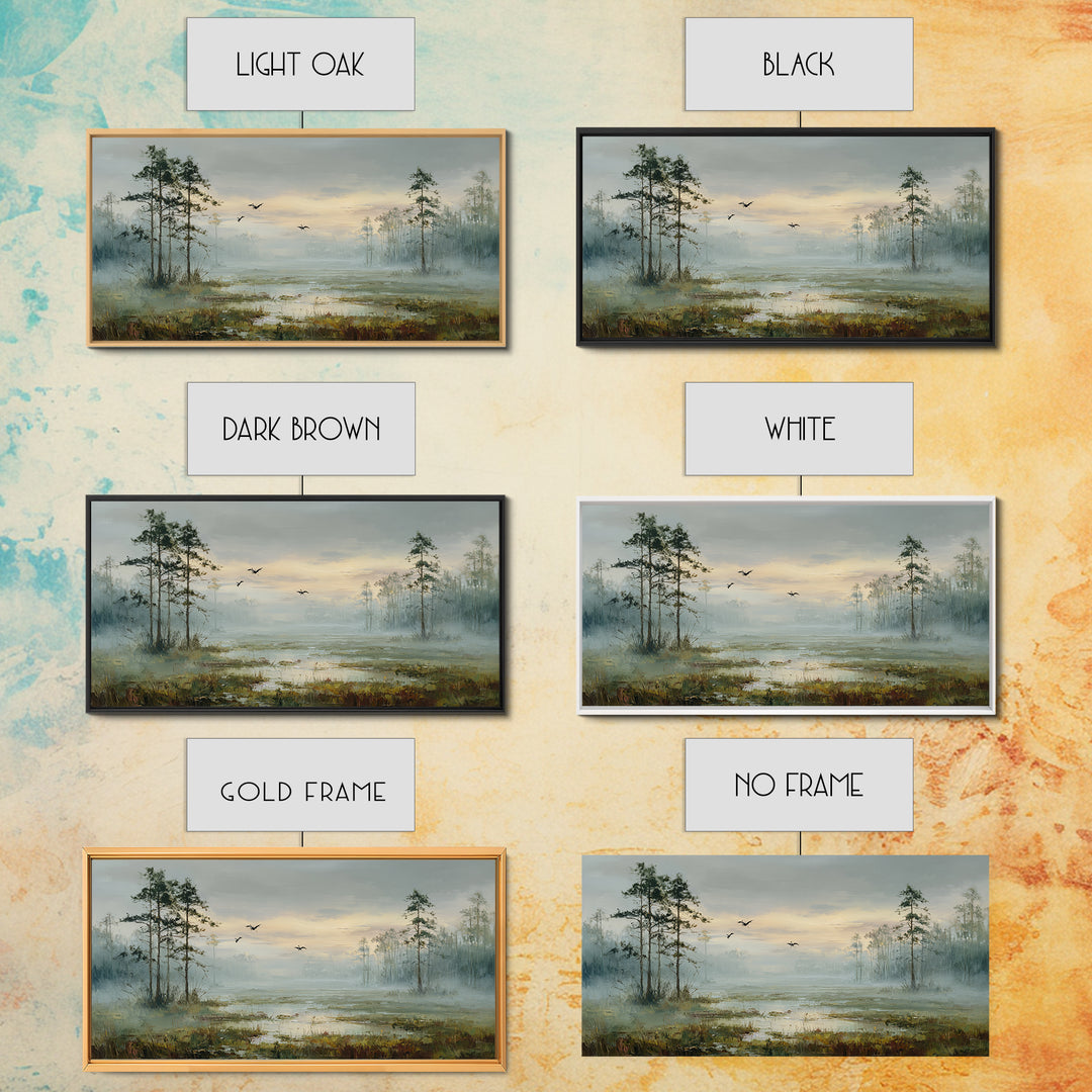 Misty Cypress Swamp Framed Canvas Print, Landscape Art, Digital Art, Living Room Decor, Fine Art, Horizon, Boho Wall Art, LAN-2x1-90