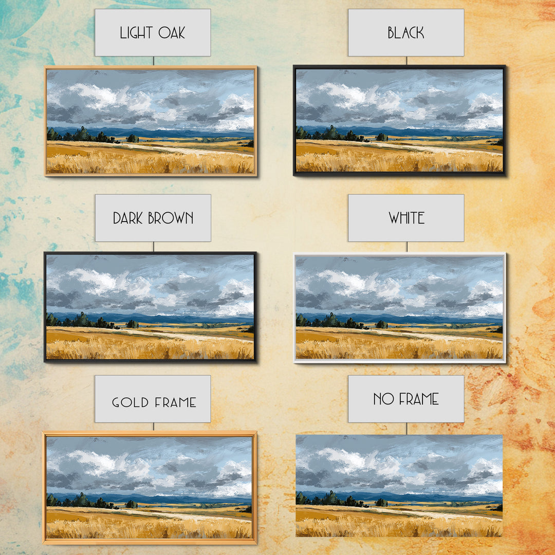 Golden Wheat Field Beneath Huge Clouds Framed Canvas Print, Landscape Art, Digital Print, Living Room Decor, Fine Art, Horizon, LAN-2x1-92