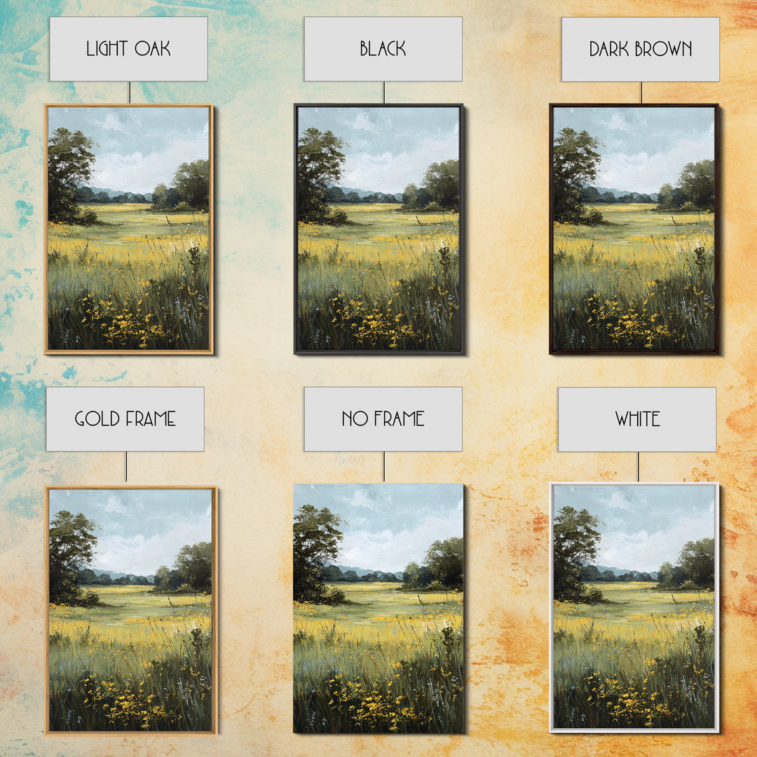 Sunlit Meadow with Wildflowers Framed Canvas Print, Landscape Art, Digital Art, Living Room Decor, Fine Art, Horizon, LAN-2x3-21