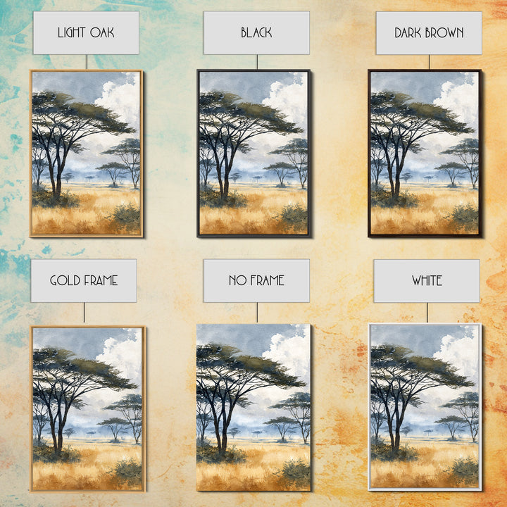Wide Savanna with Acacia Silhouette Framed Canvas Print, Landscape Art, Digital Art, Living Room Decor, Fine Art, Horizon, LAN-2x3-51