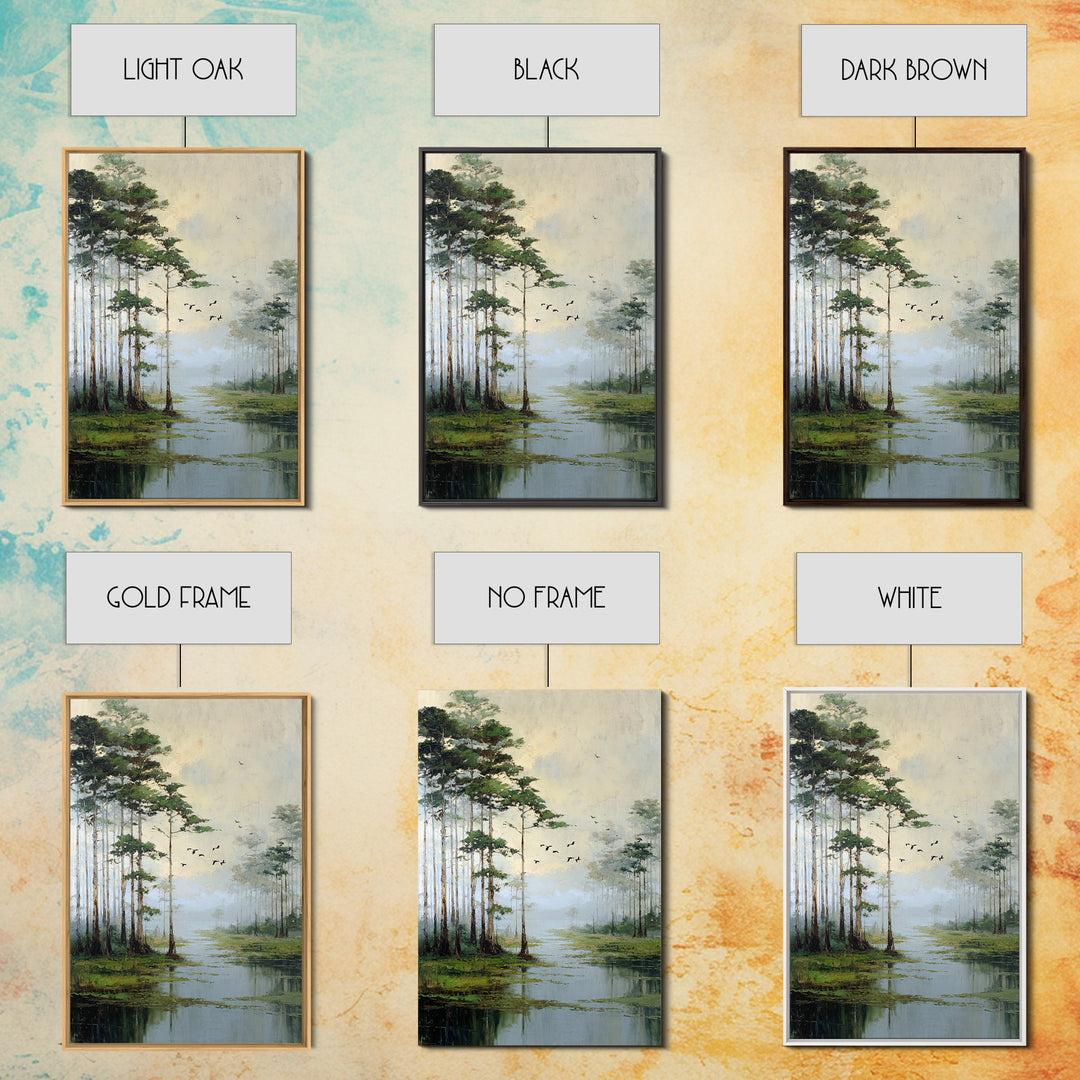 Misty Cypress Swamp Framed Canvas Print, Landscape Art, Minimalist Decor, Living Room Decor, Oil Painting, Horizon, LAN-2x3-6