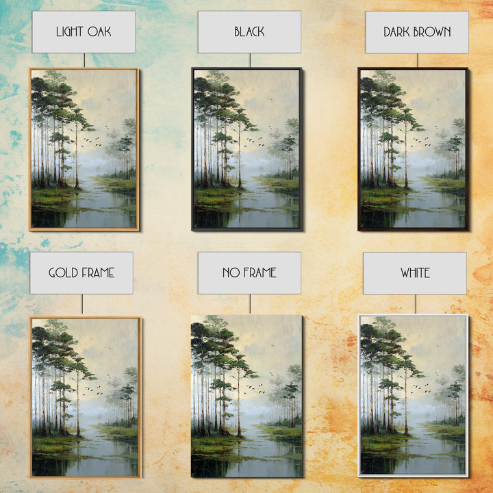 Misty Cypress Swamp Framed Canvas Print, Landscape Art, Minimalist Decor, Living Room Decor, Oil Painting, Horizon, LAN-2x3-6