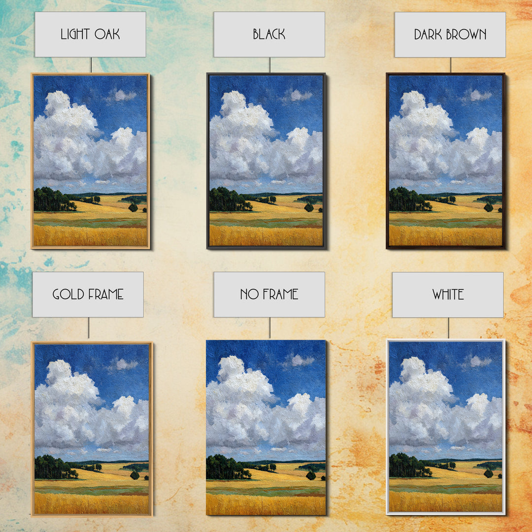 Golden Wheat Field Beneath Huge Clouds Framed Canvas Print, Landscape Art, Original Painting, Living Room Decor, Horizon, LAN-2x3-80
