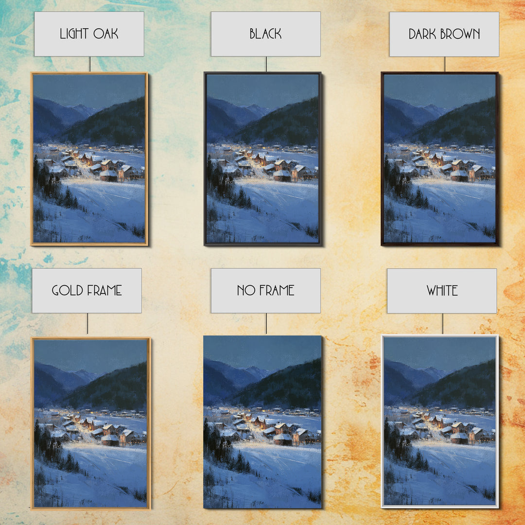 Snow Covered Alpine Village at Dusk Framed Canvas Print, Landscape Art, Living Room Wall Art, Living Room Decor, Oil Painting, LAN-2x3-87