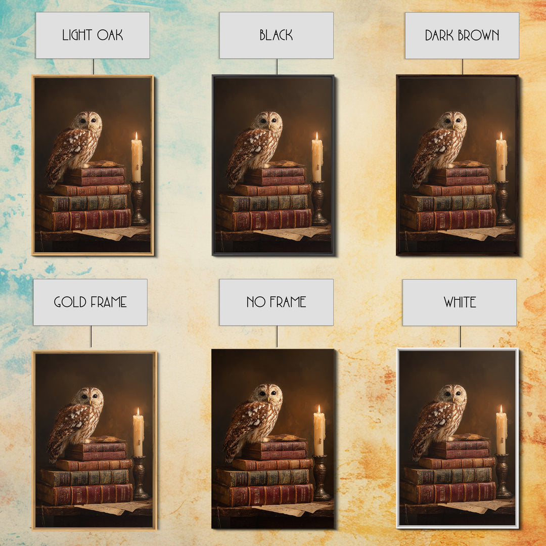 Owl Perched on a Pile of Antique Canvas Print, Library Art, Dark Academia Decor, Library Decor, Archive, Botanical Art, LIB-2x3-82