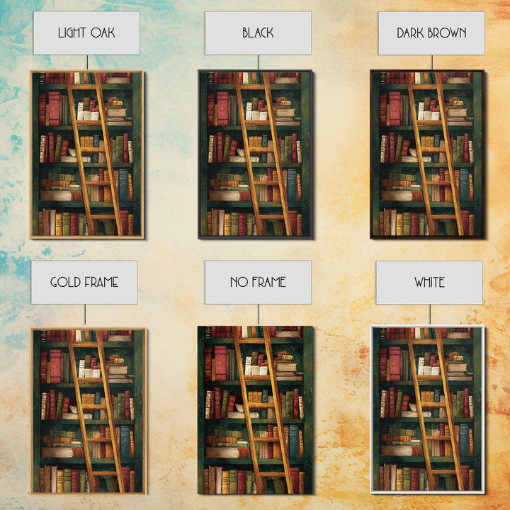 Rolling Library Ladder Framed Canvas Print, Library Art, Dark Academia Art, Library Decor, Abstract Art, Archive, Room Decor, LIB-2x3-83