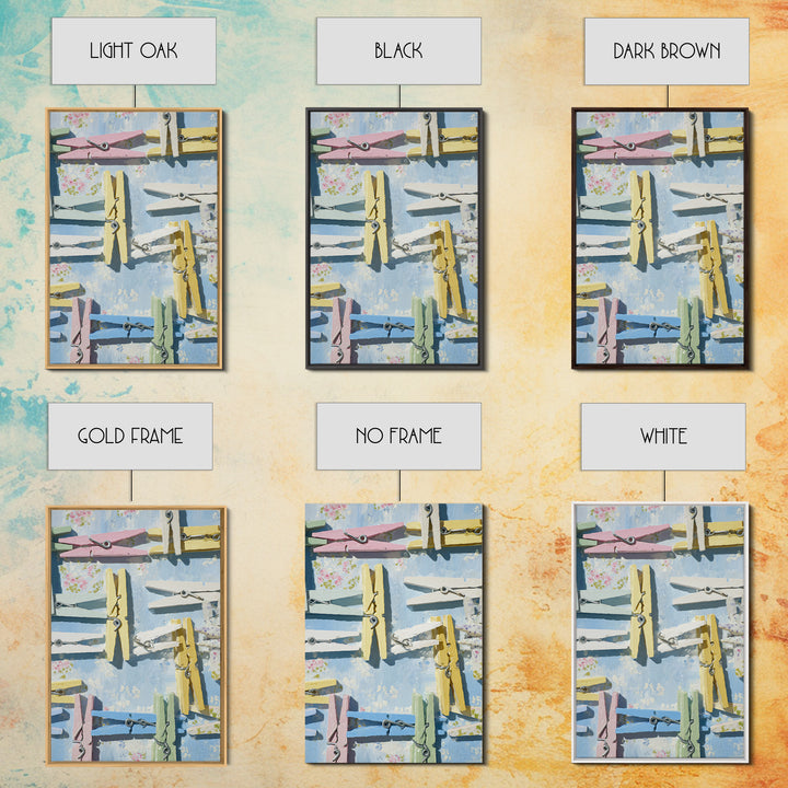 Cheerful Clothespins Arranged as Pattern Framed Canvas Print, Laundry Room Art, Minimalist Decor, Living Room Decor, LRA-2x3-12