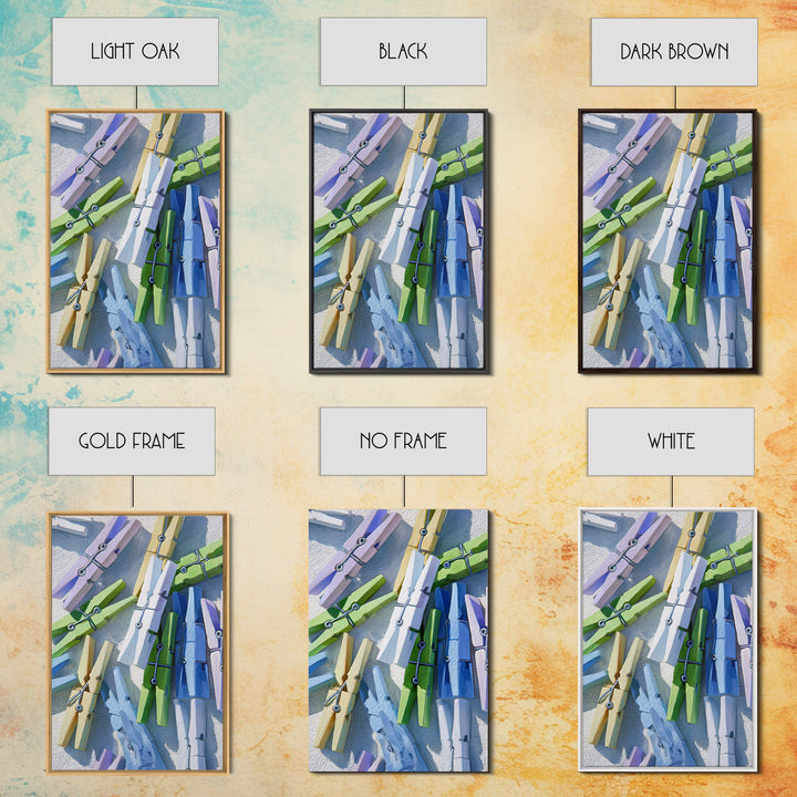 Cheerful Clothespins Arranged as Pattern Framed Canvas Print, Laundry Room Art, Home Decor, Living Room Decor, Fine Art, Clean, LRA-2x3-60