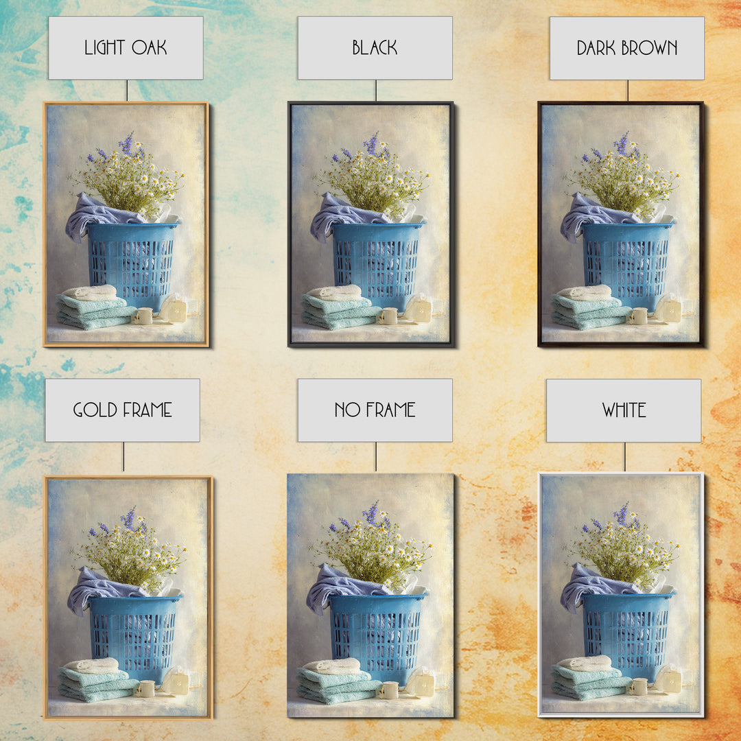 Blue Laundry Basket Framed Canvas Print, Laundry Room Art, Wall Art Print, Living Room Decor, Oil Painting, Clean, LRA-2x3-85