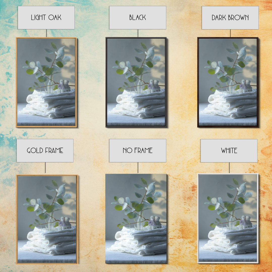 Sunlit White Towels and Eucalyptus Branch Canvas Print, Laundry Room Art, Retro Wall Art, Living Room Decor, Watercolor Art, LRA-2x3-91