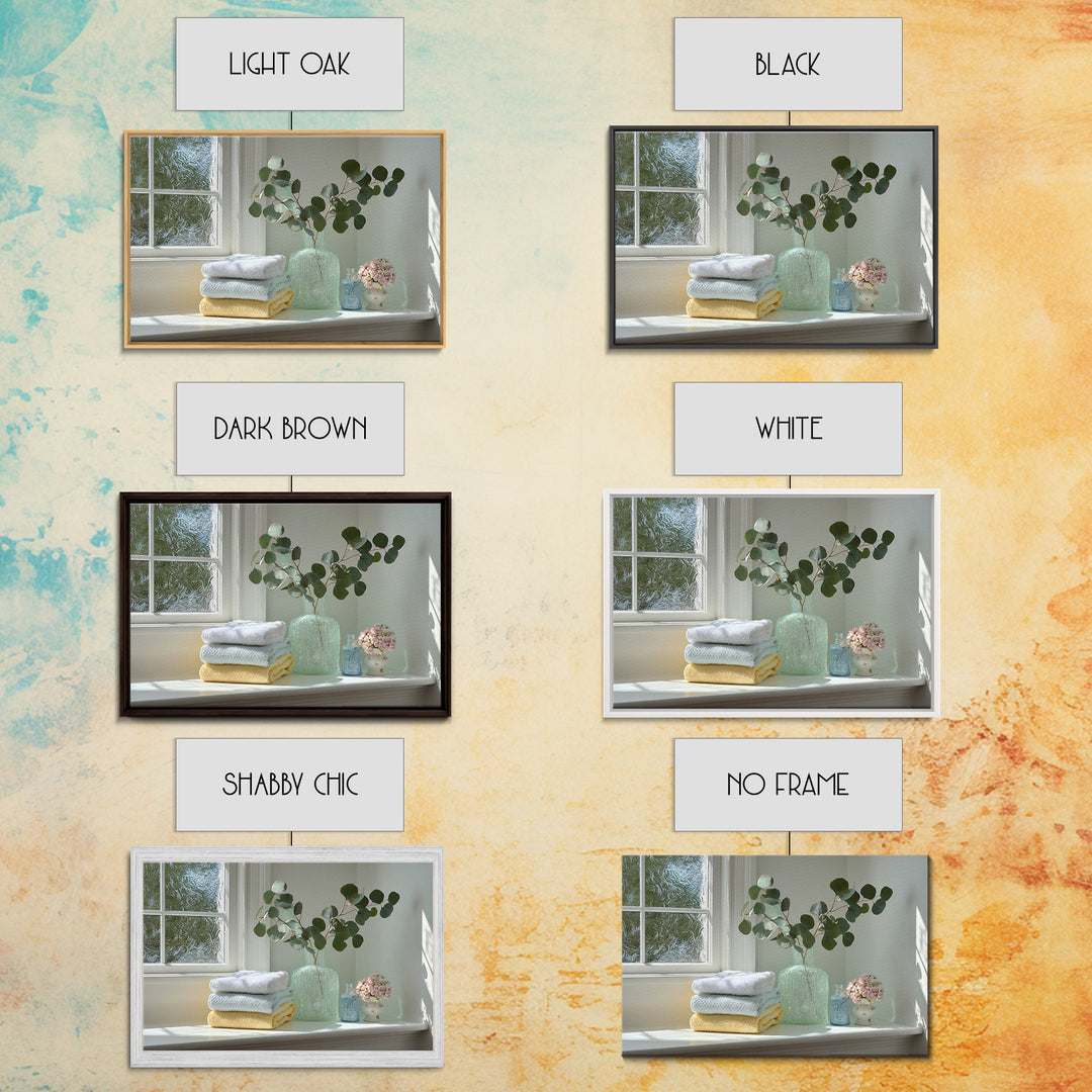 Sunlit White Towels and Eucalyptus Branch Framed Canvas Print, Laundry Room Art, New Home Gift, Living Room Decor, LRA-3x2-15