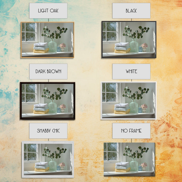 Sunlit White Towels and Eucalyptus Branch Framed Canvas Print, Laundry Room Art, New Home Gift, Living Room Decor, LRA-3x2-15