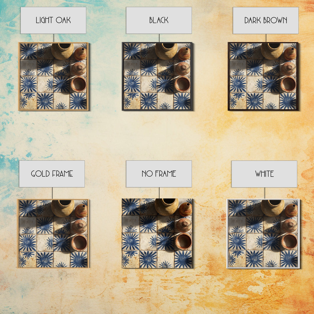 Blue and White Tile Pattern Framed Canvas Print, Mediterranean Art, Travel Poster, Living Room Decor, Watercolor Art, Azure, MAR-1x1-100