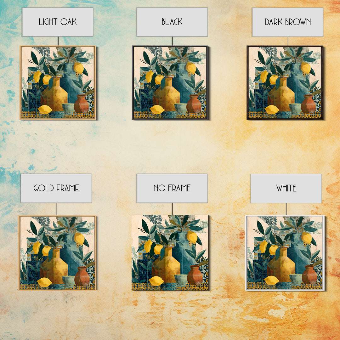 Olive Branch and Lemons on Terracotta Ground Canvas Print, Mediterranean Art, Minimalist Wall Art, Living Room Decor, Azure, MAR-1x1-26