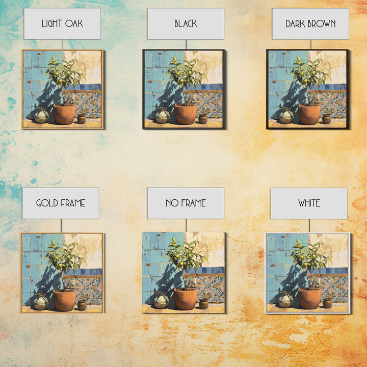Citrus Tree in Clay Pot Framed Canvas Print, Mediterranean Art, Landscape Painting, Living Room Decor, Watercolor Art, Azure, MAR-1x1-34