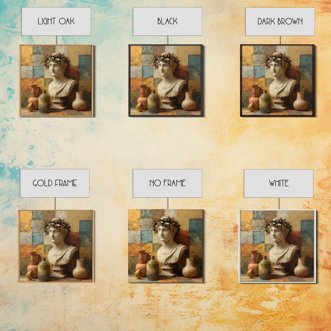 Roman Statue Bust Framed Canvas Print, Mediterranean Art, Coastal Decor, Living Room Decor, Fine Art, Azure, Wall Decor, MAR-1x1-46
