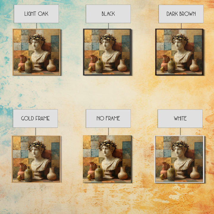 Roman Statue Bust Framed Canvas Print, Mediterranean Art, Coastal Decor, Living Room Decor, Fine Art, Azure, Wall Decor, MAR-1x1-46