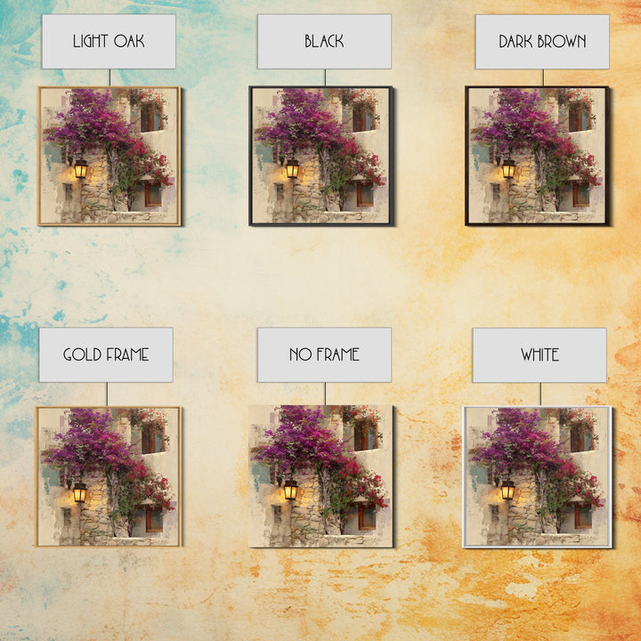 Bougainvillea Cascading over Stone Wall Canvas Print, Mediterranean Art, Landscape Painting, Living Room Decor, Fine Art, Azure, MAR-1x1-5