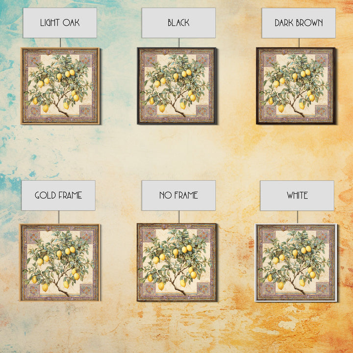Sicilian Lemon Branch on Ivory Background Framed Canvas Print, Mediterranean Art, Gallery Wall Art, Living Room Decor, Azure, MAR-1x1-61