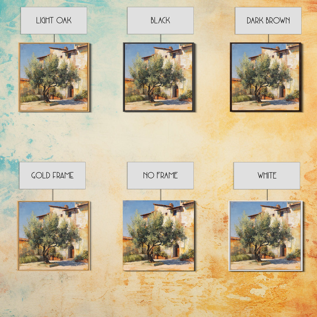 Olive Grove under Pale Morning Light Framed Canvas Print, Mediterranean Art, Landscape Wall Art, Living Room Decor, Azure, MAR-1x1-65