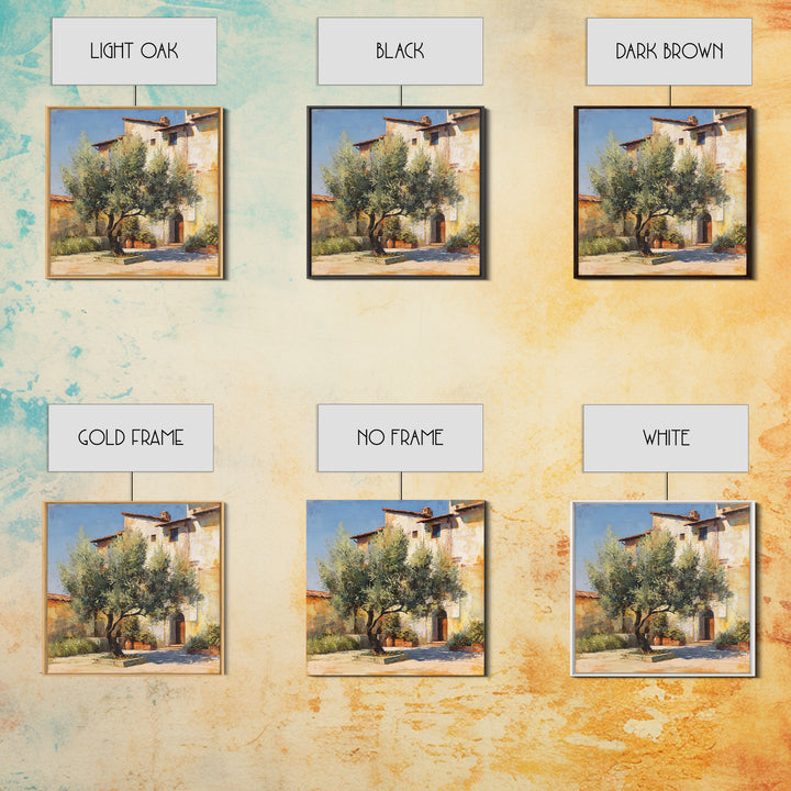 Olive Grove under Pale Morning Light Framed Canvas Print, Mediterranean Art, Landscape Wall Art, Living Room Decor, Azure, MAR-1x1-65