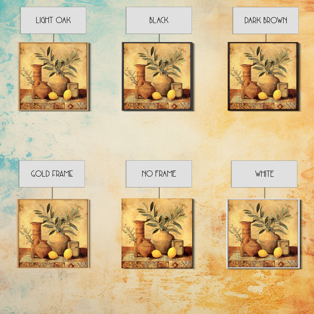 Olive Branch and Lemons on Terracotta Ground Canvas Print, Mediterranean Art, Downloadable Art, Living Room Decor, Azure, MAR-1x1-74