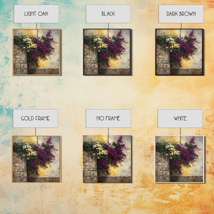 Bougainvillea Cascading over Stone Wall Canvas Print, Mediterranean Art, Modern Decor, Living Room Decor, Fine Art, Azure, MAR-1x1-77
