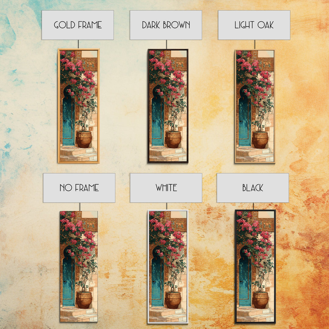 Bougainvillea Cascading over Stone Wall Canvas Print, Mediterranean Art, Watercolor Painting, Living Room Decor, Azure, MAR-1x3-89