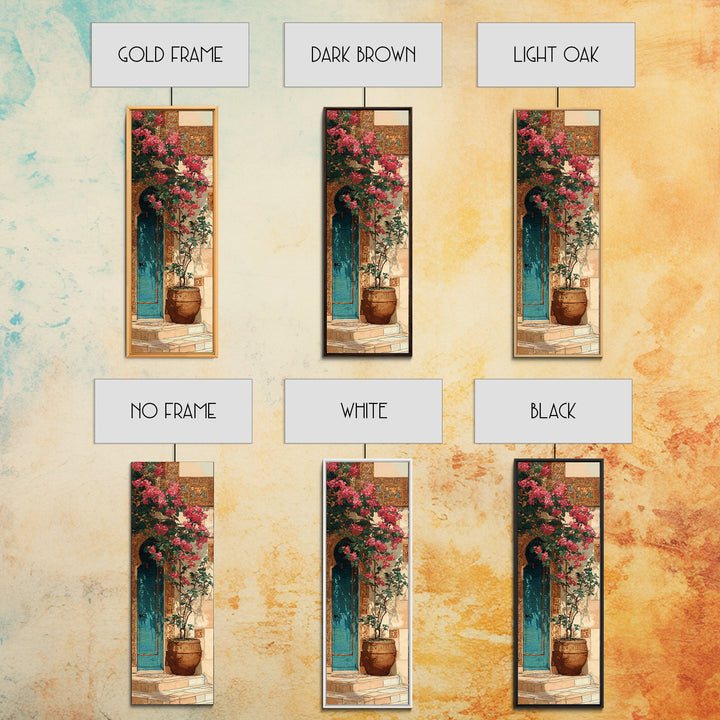 Bougainvillea Cascading over Stone Wall Canvas Print, Mediterranean Art, Watercolor Painting, Living Room Decor, Azure, MAR-1x3-89