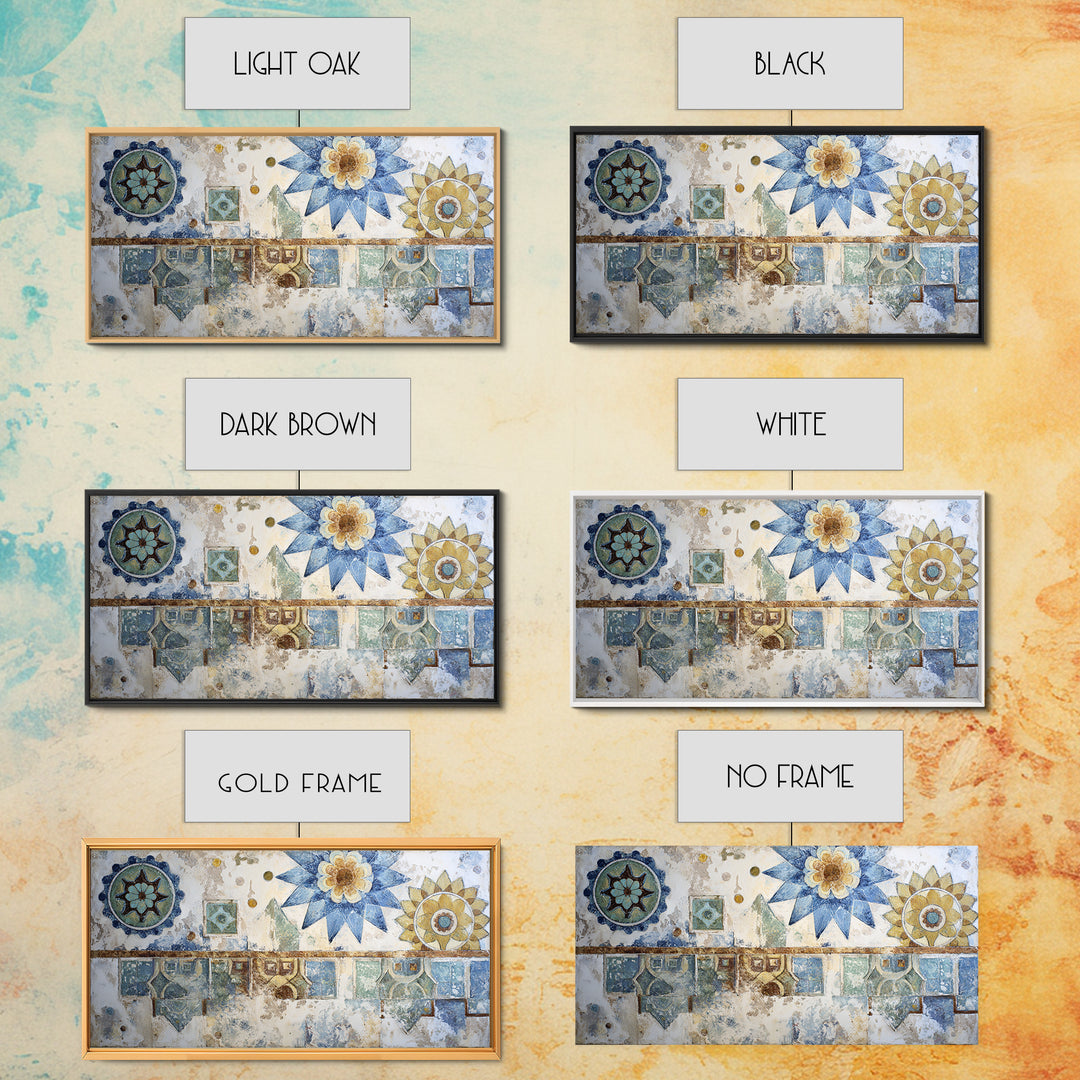 Blue and White Tile Pattern Framed Canvas Print, Mediterranean Art, Textured Painting, Living Room Decor, Fine Art, Azure, MAR-2x1-24