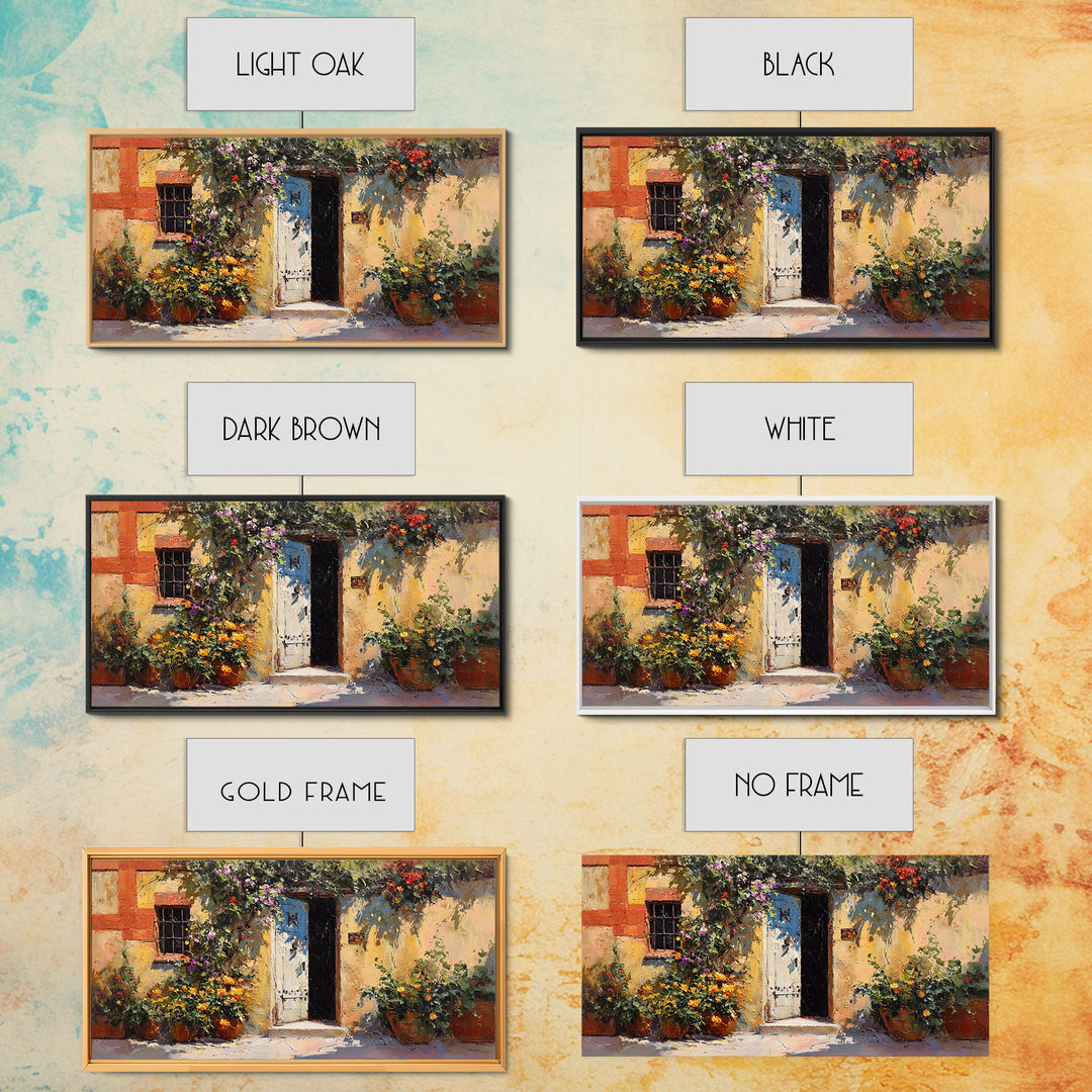 Sunlit Courtyard Doorway Canvas Print, Mediterranean Art, Large Wall Art, Living Room Decor, Azure, Digital Art Prints, MAR-2x1-31