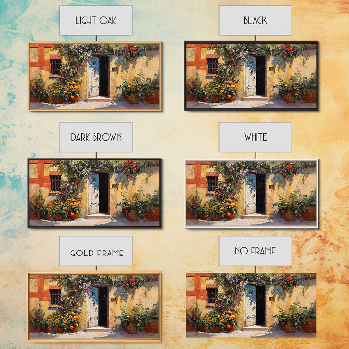 Sunlit Courtyard Doorway Canvas Print, Mediterranean Art, Large Wall Art, Living Room Decor, Azure, Digital Art Prints, MAR-2x1-31