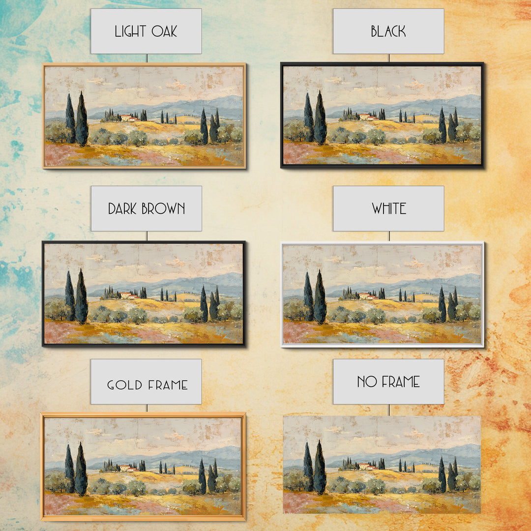 Tuscan Cypress Trees and Golden Hillside Framed Canvas Print, Mediterranean Art, Luxury Decor, Living Room Decor, Azure, MAR-2x1-50
