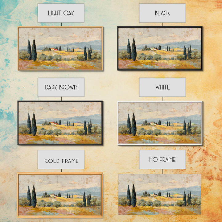 Tuscan Cypress Trees and Golden Hillside Framed Canvas Print, Mediterranean Art, Luxury Decor, Living Room Decor, Azure, MAR-2x1-50