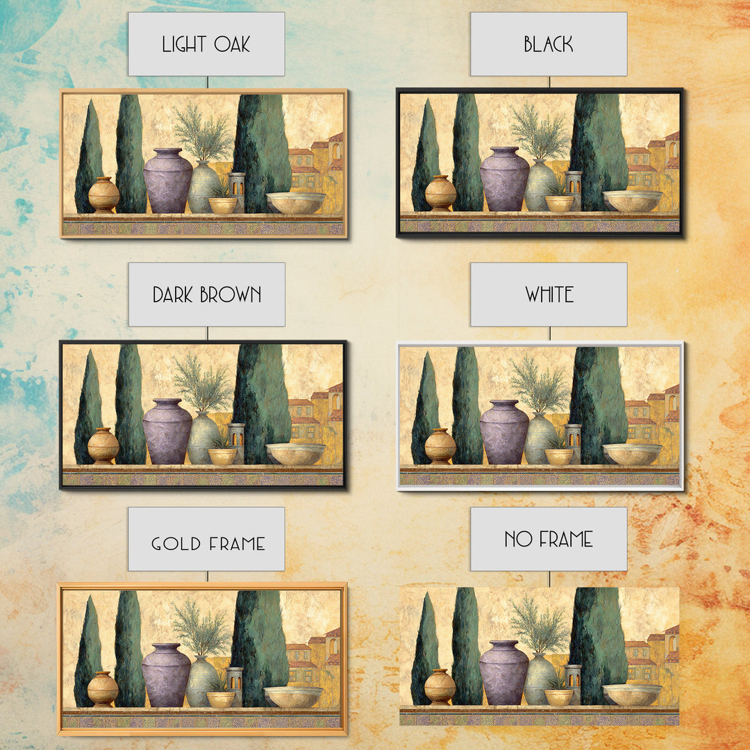 Tuscan Cypress Trees and Golden Hillside Canvas Print, Mediterranean Art, Living Room Decor, Watercolor Art, Azure, MAR-2x1-74