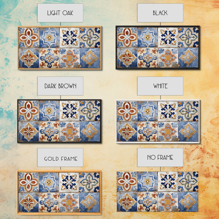 Spanish Tile Ornament Framed Canvas Print, Mediterranean Art, Coastal Wall Art, Living Room Decor, Azure, Living Room Art, MAR-2x1-84