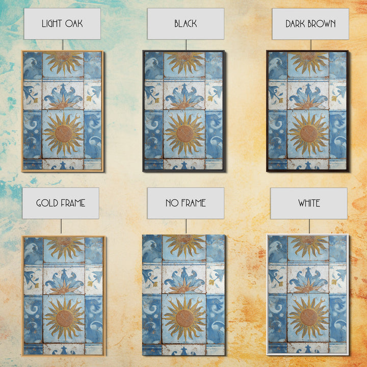 Blue and White Tile Pattern Framed Canvas Print, Mediterranean Art, Fine Art Print, Living Room Decor, Oil Painting, Azure, MAR-2x3-12