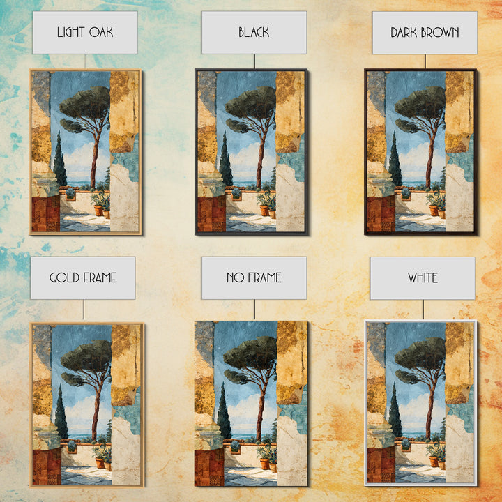 Ancient Column with Sea and Sky Beyond Framed Canvas Print, Mediterranean Art, Living Room Decor, Oil Painting, Azure, MAR-2x3-20