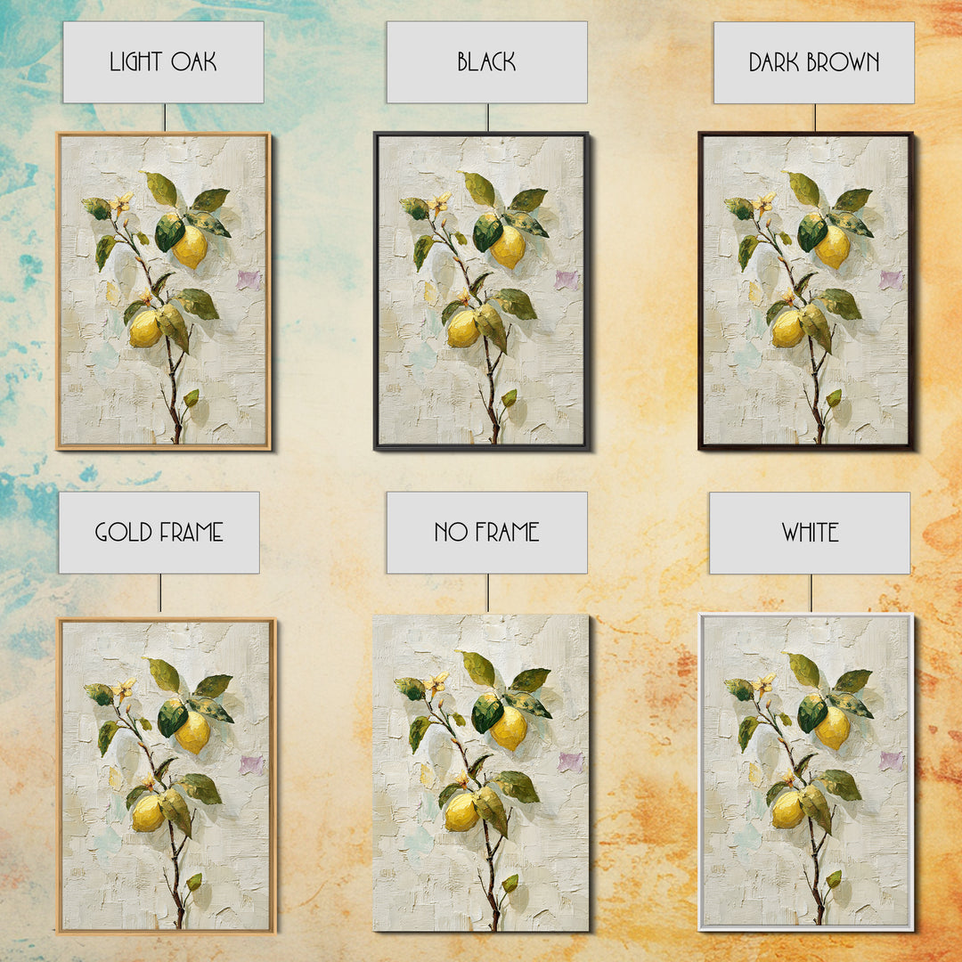 Sicilian Lemon Branch on Ivory Background Framed Canvas Print, Mediterranean Art, Boho Decor, Living Room Decor, Azure, MAR-2x3-21