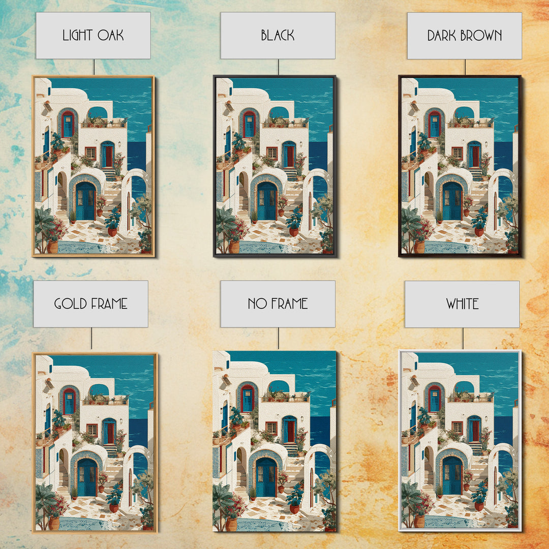 Greek Island White Buildings Above Blue Sea Framed Canvas Print, Mediterranean Art, Living Room Decor, Watercolor Art, Azure, MAR-2x3-33