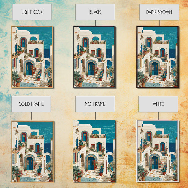 Greek Island White Buildings Above Blue Sea Framed Canvas Print, Mediterranean Art, Living Room Decor, Watercolor Art, Azure, MAR-2x3-33