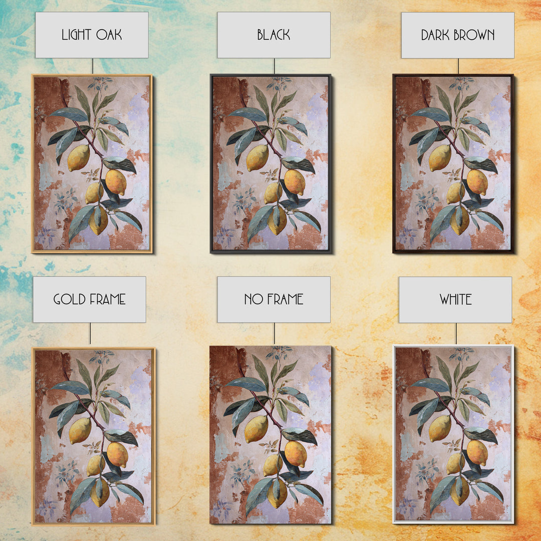Olive Branch and Lemons on Terracotta Ground Canvas Print, Mediterranean Art, Luxury Decor, Living Room Decor, Azure, MAR-2x3-34