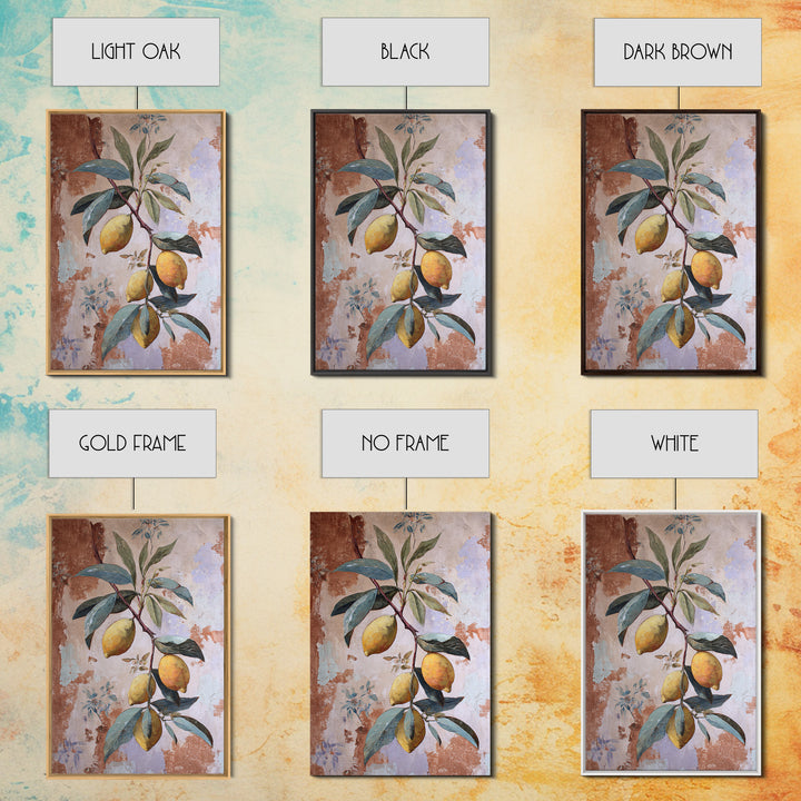 Olive Branch and Lemons on Terracotta Ground Canvas Print, Mediterranean Art, Luxury Decor, Living Room Decor, Azure, MAR-2x3-34
